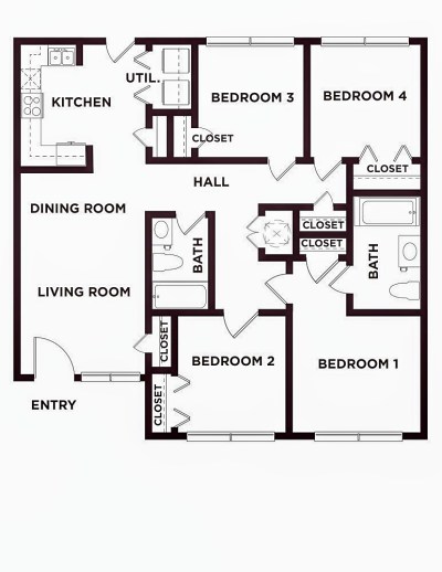 Four Bedroom / Two Bath - 1,230 Sq. Ft.*